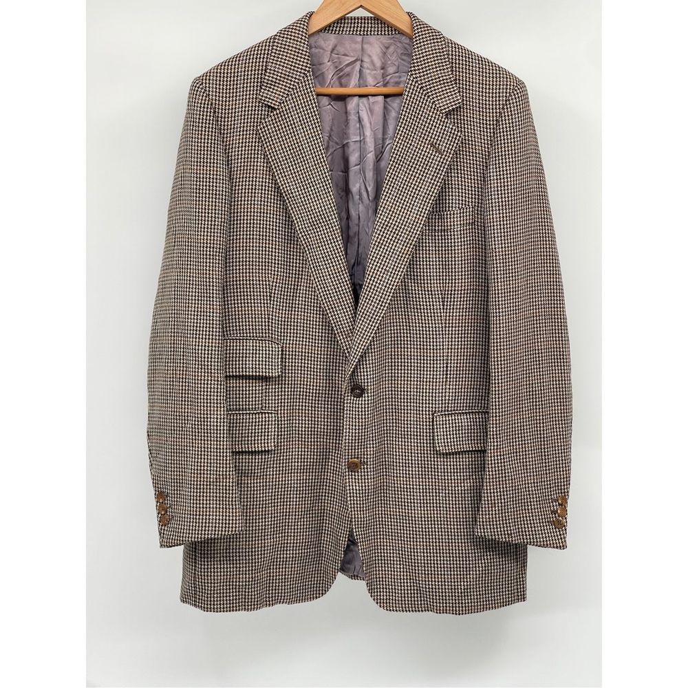 Vintage Field Blazer Sport Coat Suit Jacket Men Size 42L Tan‎ Houndstooth Wool